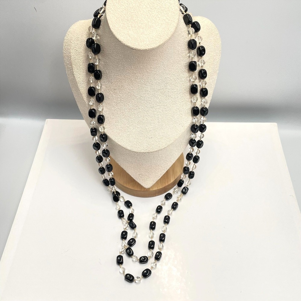 Vintage 90s Black&Clear Glass Bead Flapper Necklace Boho Layering‎ Jewelry Retro